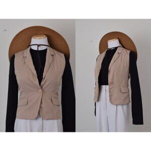 Vintage 90s Tan/Black Crop Poly/Spandex Jacket  size‎ S